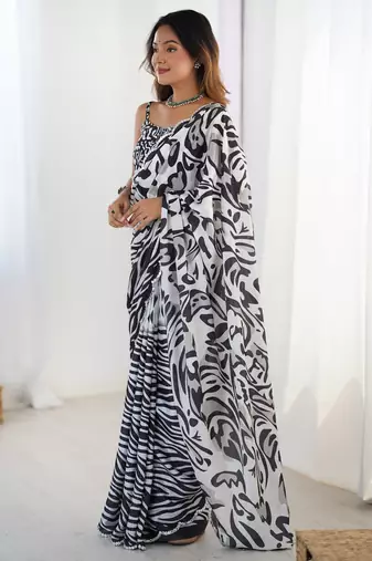 Women's black chinon digital printed designer saree with blouse