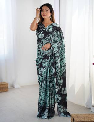 Women's sea green chinon digital printed designer saree with blouse 1