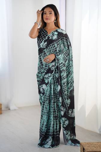 Women's sea green chinon digital printed designer saree with blouse