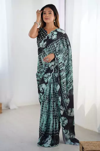 Women's sea green chinon digital printed designer saree with blouse