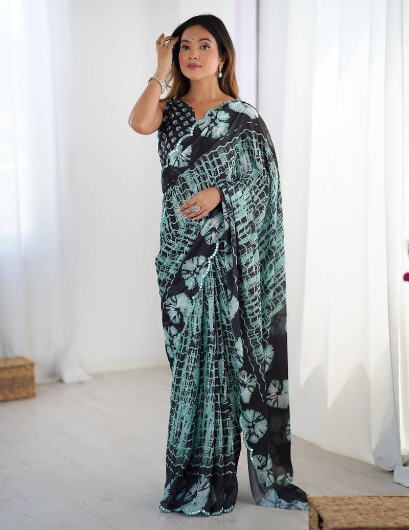 Women's sea green chinon digital printed designer saree with blouse