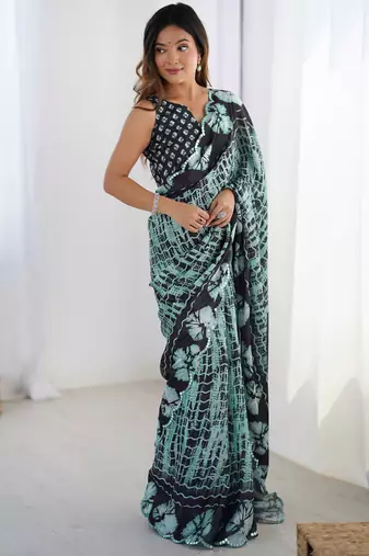 Women's sea green chinon digital printed designer saree with blouse