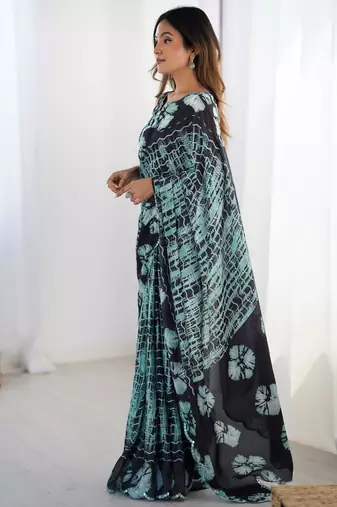 Women's sea green chinon digital printed designer saree with blouse
