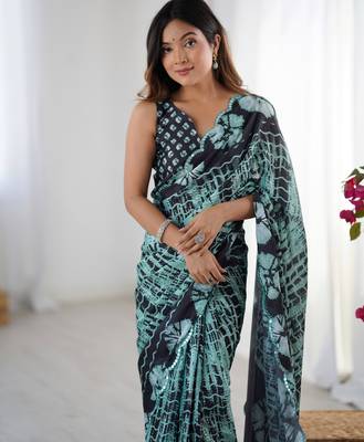 Women's sea green chinon digital printed designer saree with blouse 4