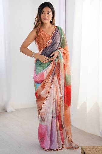 digital printed multicolor soft chinon saree