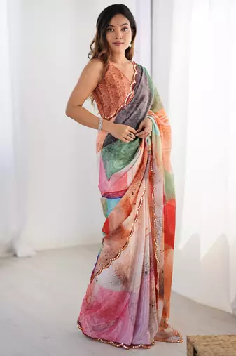 digital printed multicolor soft chinon saree