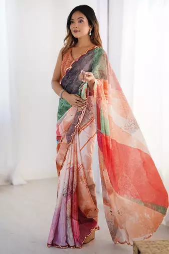 digital printed multicolor soft chinon saree