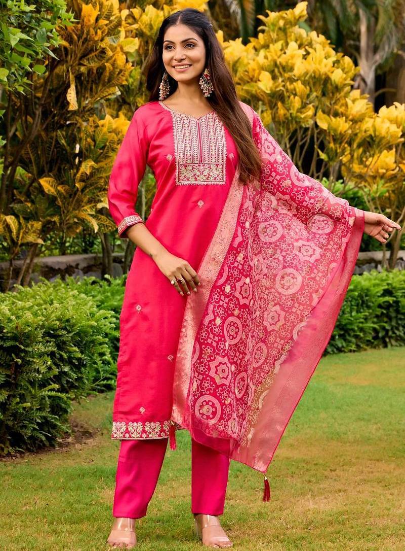 red embroidered roman straight kurta pant and dupatta set