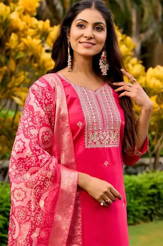 red embroidered roman straight kurta pant and dupatta set
