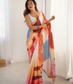 soft chinon multicolor digital print saree with fine lace border