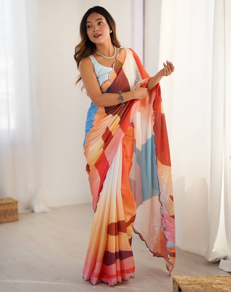 soft chinon multicolor digital print saree with fine lace border
