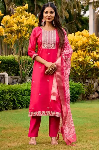 red embroidered roman straight kurta pant and dupatta set