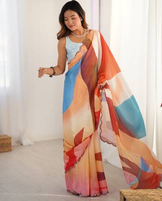 soft chinon multicolor digital print saree with fine lace border 3