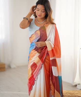soft chinon multicolor digital print saree with fine lace border 4