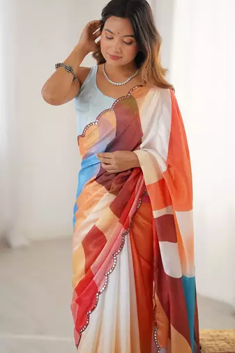 soft chinon multicolor digital print saree with fine lace border