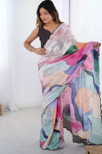 multicolor digital printed chinon saree with subtle border work