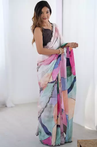 multicolor digital printed chinon saree with subtle border work