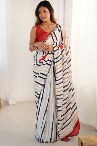 chinon off white digital print saree with clean stripe pattern