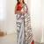 chinon off white digital print saree with clean stripe pattern