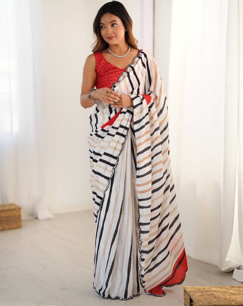 chinon off white digital print saree with clean stripe pattern