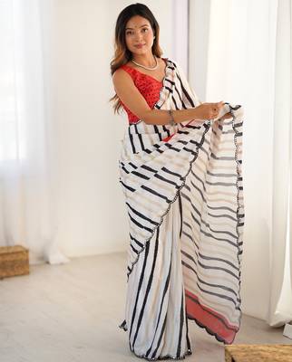 chinon off white digital print saree with clean stripe pattern 2