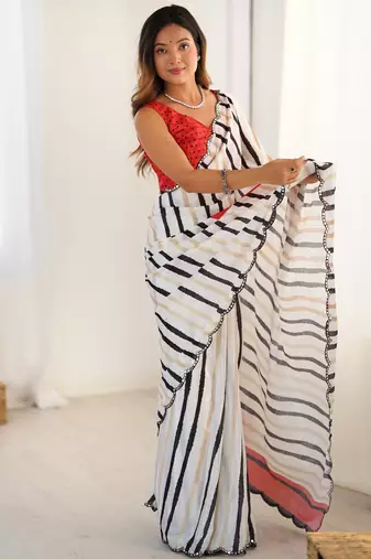 chinon off white digital print saree with clean stripe pattern