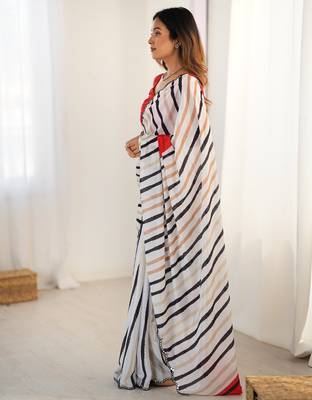 chinon off white digital print saree with clean stripe pattern 3