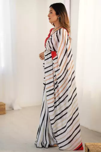 chinon off white digital print saree with clean stripe pattern