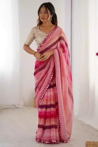 Women's pink chinon leriya zari printed designer saree with blouse