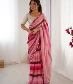 pink chinon leriya zari printed saree with elegant border
