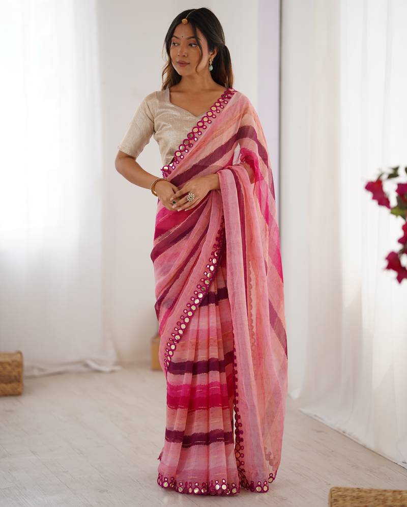 pink chinon leriya zari printed saree with elegant border