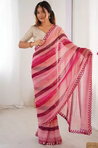 pink chinon leriya zari printed saree with elegant border