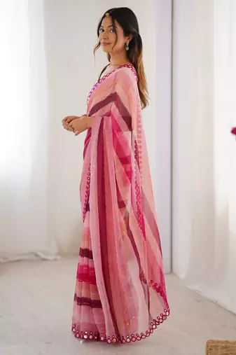 pink chinon leriya zari printed saree with elegant border