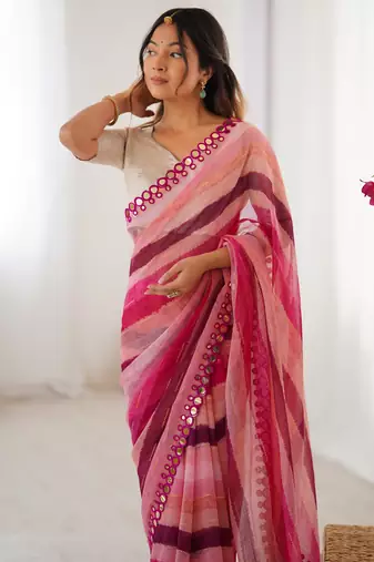 pink chinon leriya zari printed saree with elegant border