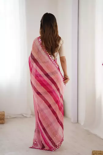 pink chinon leriya zari printed saree with elegant border