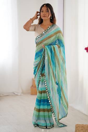 sky blue chinon leriya zari printed saree with elegant border