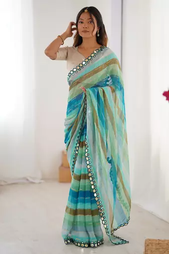 sky blue chinon leriya zari printed saree with elegant border
