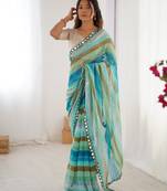 sky blue chinon leriya zari printed saree with elegant border