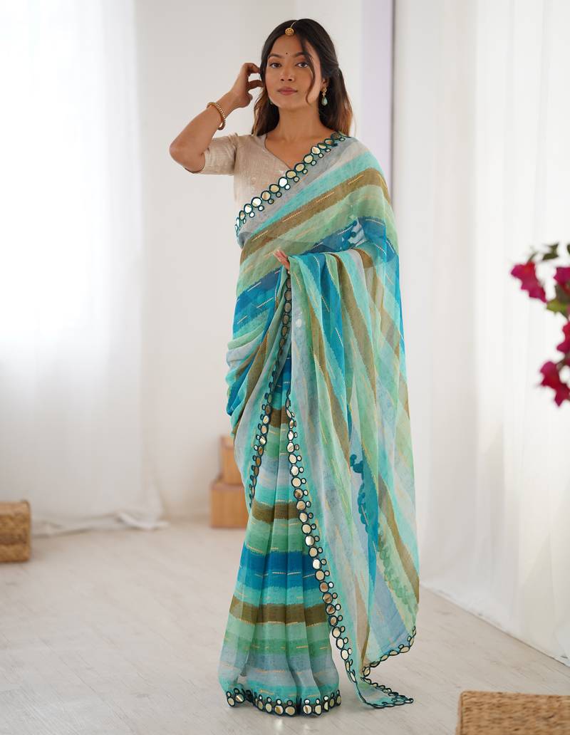 sky blue chinon leriya zari printed saree with elegant border