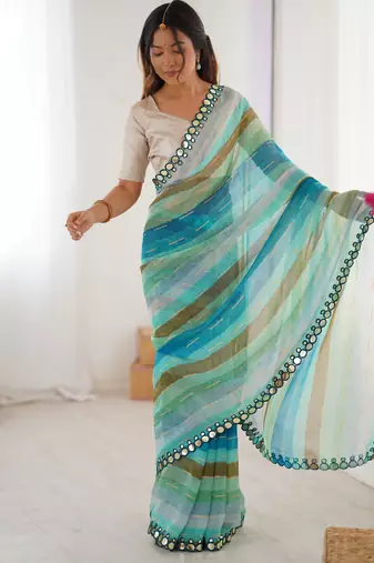 sky blue chinon leriya zari printed saree with elegant border