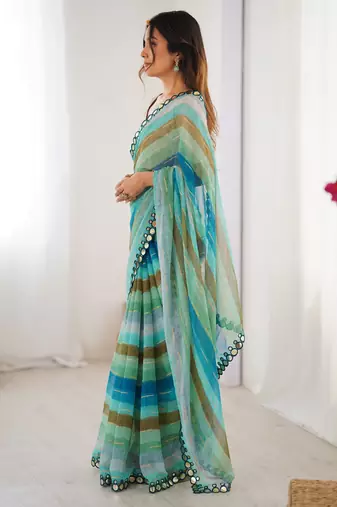 sky blue chinon leriya zari printed saree with elegant border