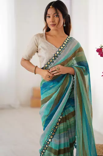sky blue chinon leriya zari printed saree with elegant border