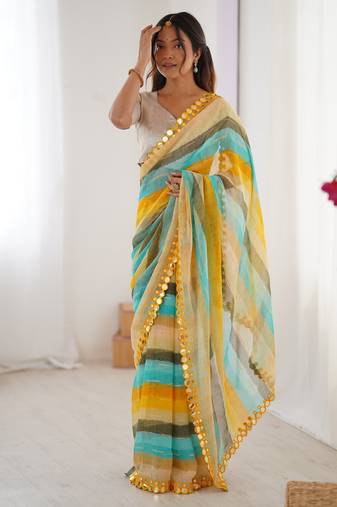 yellow chinon leriya zari printed saree with elegant border