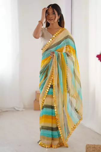 Women's yellow chinon leriya zari printed designer saree with blouse