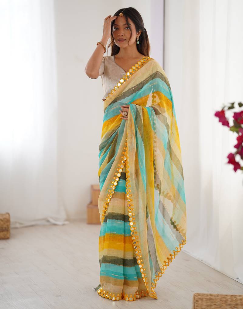 yellow chinon leriya zari printed saree with elegant border