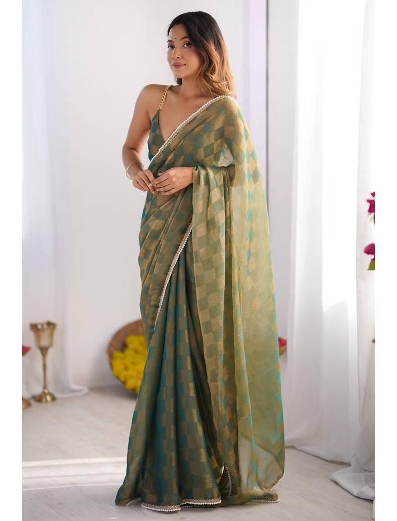 mehendi chiffon designer saree with box pattern and moti lace border