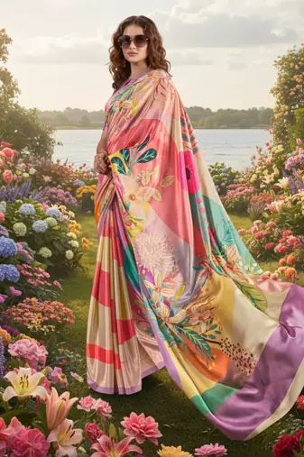 Hypnotex multicolor premium printed saree with blouse