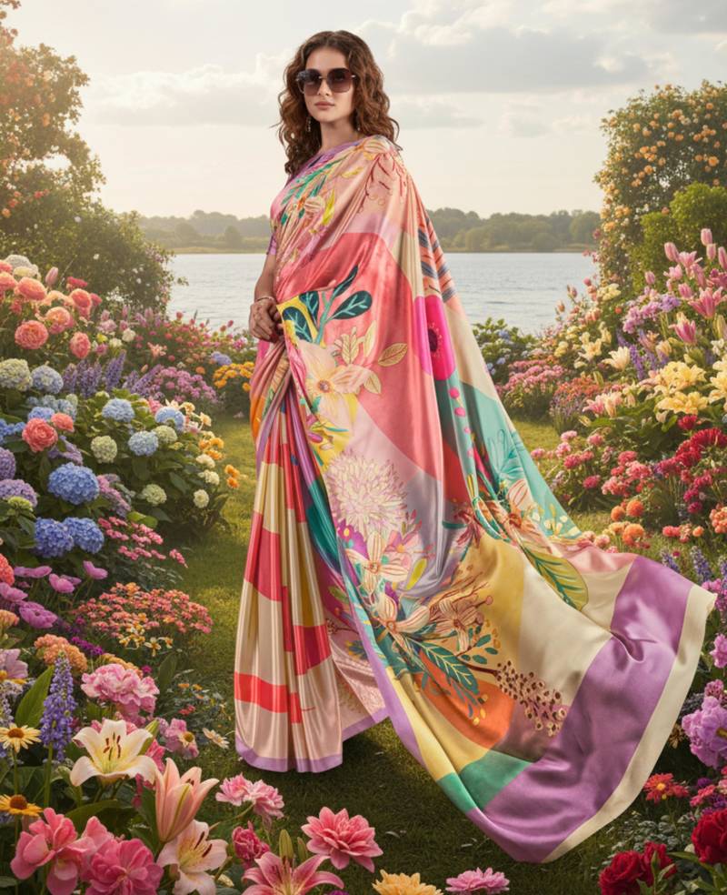 Hypnotex multicolor premium printed saree with blouse