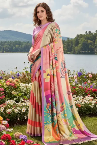 Hypnotex multicolor  printed saree with blouse