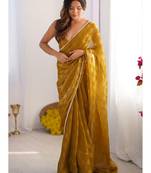 mustard chiffon designer saree with box pattern and moti lace border